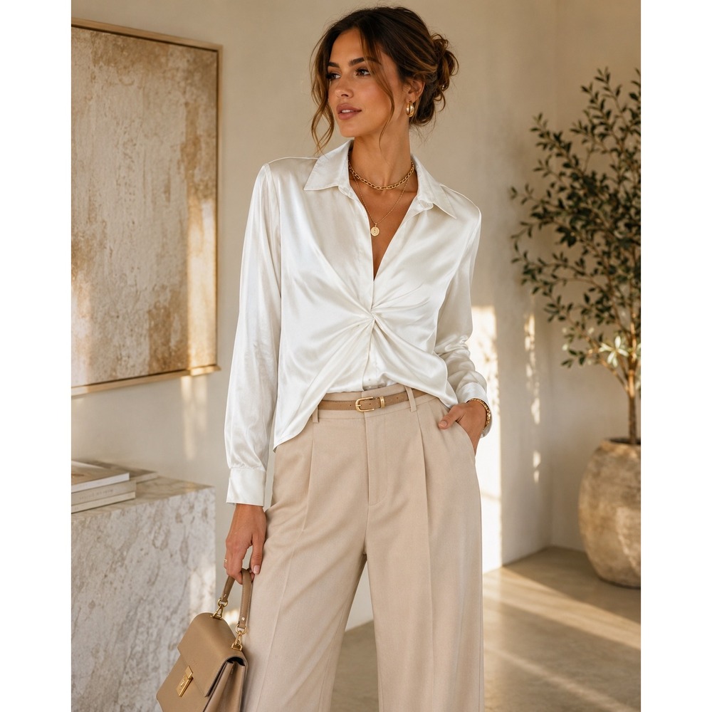 LE LIS Women's Large Ivory Satin Twist Front Blouse Office Romance Quiet Luxury